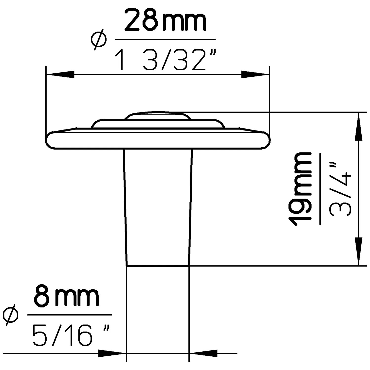 Technische Zeichnung: Siro Möbelknopf Landhaus 920, Metall, Schwarz Matt, Ø 28 mm, Maße.