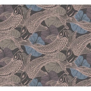 A.S. Creation Vliestapete mit Koi Karpfen Motiv in Grau und Blau.