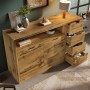 Merax Sideboard/Kommode in Eichenoptik, 150cm, mit 4 teilweise geöffneten Schubladen, Schranktüren und offenem Fach.