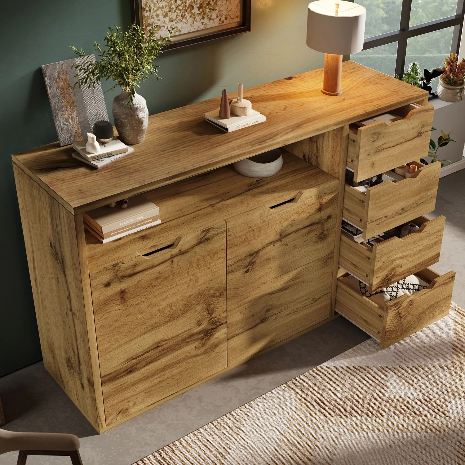 Merax Sideboard/Kommode in Eichenoptik, 150cm, mit 4 teilweise geöffneten Schubladen, Schranktüren und offenem Fach.