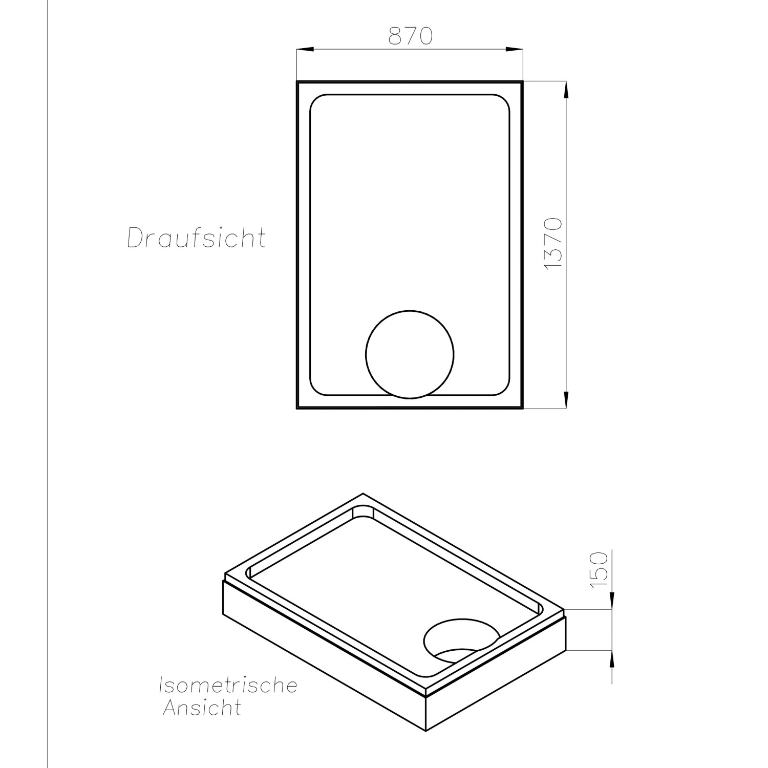 Technische Zeichnung Ottofond Wannenträger Plateau 140x90 cm für Duschwanne.