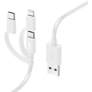 Weißes Hama Multi-Ladekabel 3 in 1 mit USB-A, Micro-USB, USB-C und Lightning Anschluss, 1 m lang.