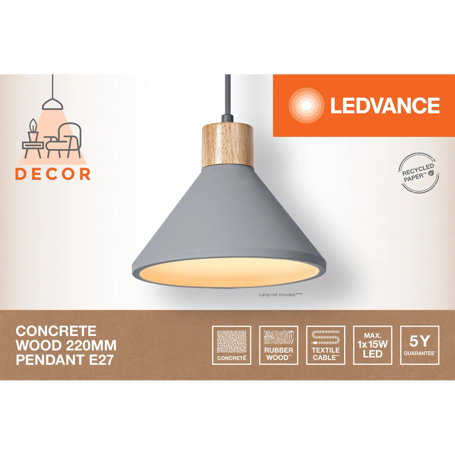 Ledvance Pendelleuchte Decor Concrete Wood, dunkelgraue Hängelampe mit Holzapplikation, 122,5 cm.