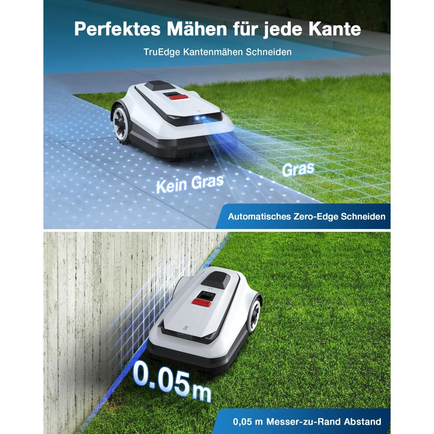 Ecovacs Goat O800 Mähroboter beim Kantenschnitt. Präzise Rasenpflege ohne Begrenzungskabel.
