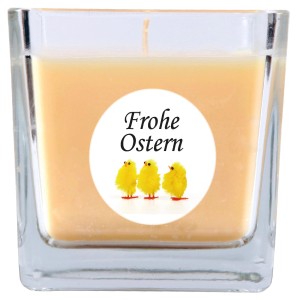 HS Candle Duftkerze Frohe Ostern im Glas, quadratisch, mit Küken-Motiv und Vanille-Duft.