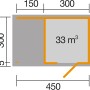 Grundriss Weka Gartenhaus wekaLine 413 A, 450x300 cm, mit Maßen und überdachter Fläche.