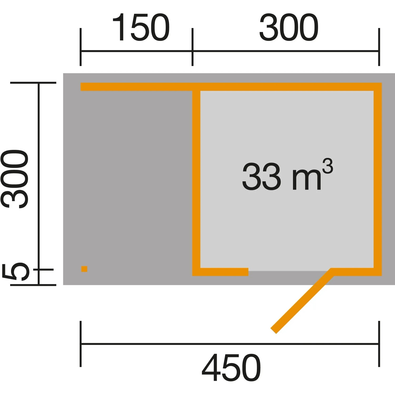 Grundriss Weka Gartenhaus wekaLine 413 A, 450x300 cm, mit Maßen und überdachter Fläche.