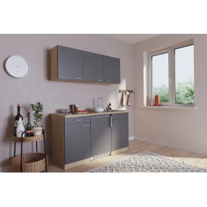 Respekta Miniküche KB150ESG, 150 cm, Grau mit Spüle, Kochfeld und Kühlschrank.