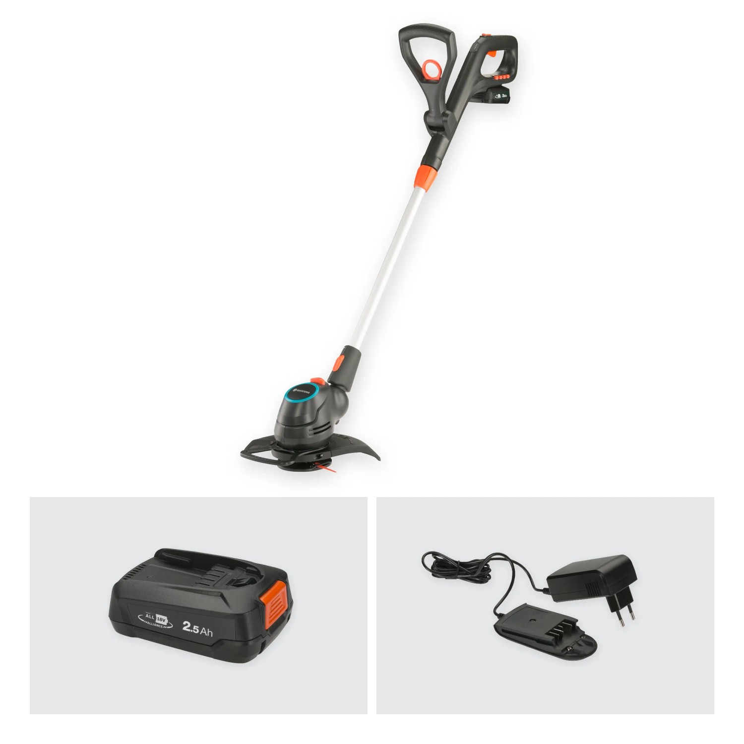 Gardena Akku-Rasentrimmer ComfortCut 23/18 mit Akku und Ladegerät für präzise Rasenkanten.