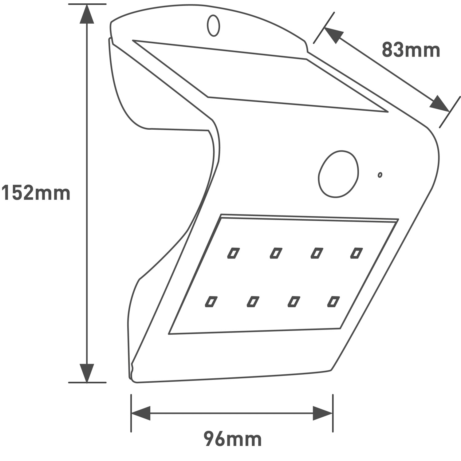 Schwarze LED Solar-Wandleuchte Butterfly mit Maßen: 96x145x80mm. Schemazeichnung.