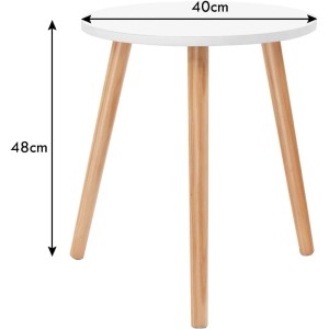 Runder weißer Beistelltisch mit drei hellen Kiefernholzbeinen, 40cm Durchmesser, 48cm hoch. Ideal als Kaffeetisch.