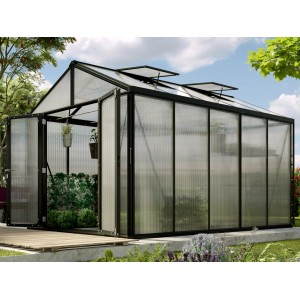 Vitavia Gewächshaus Zeus Comfort 10000, 10 m², schwarz, mit geöffneten Türen im Garten.