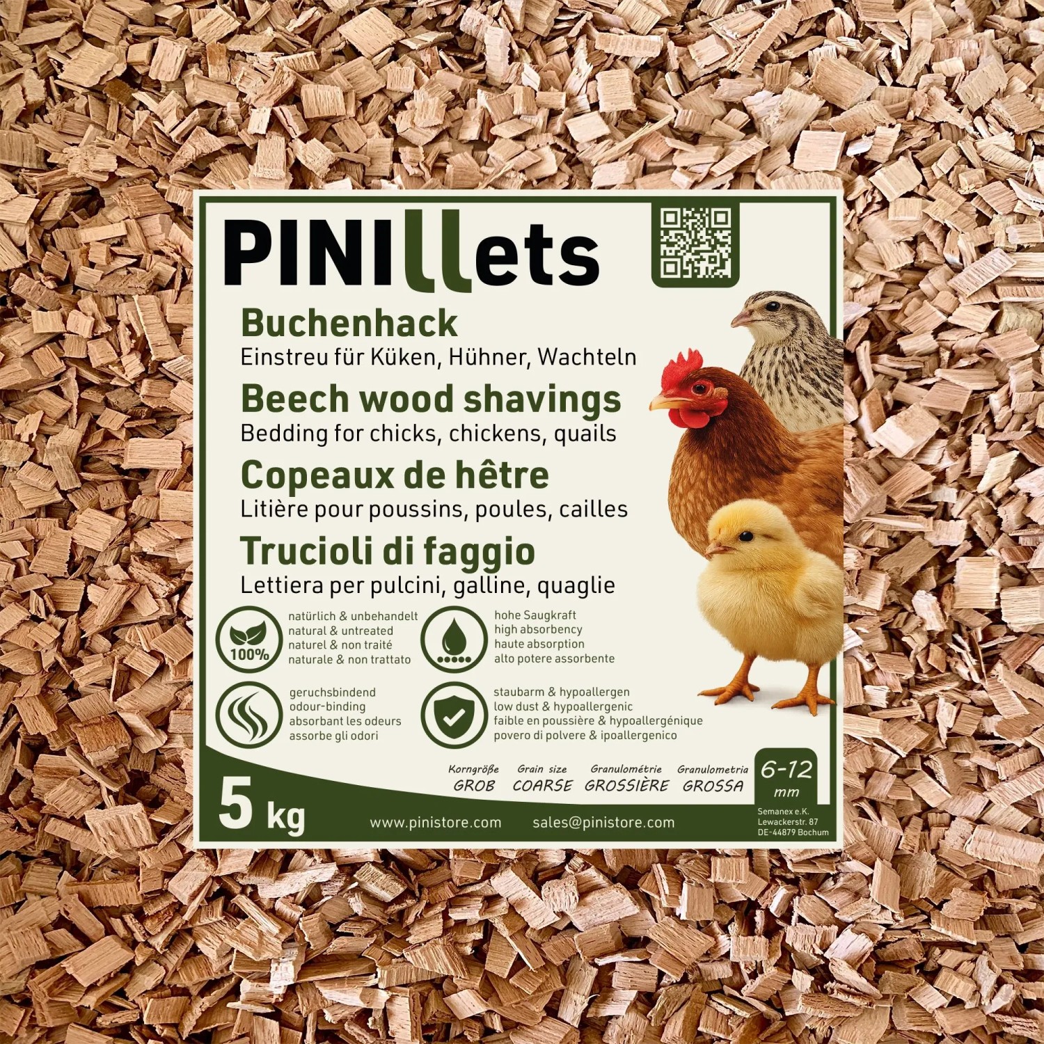 PINI Buchenhack Grob 5 kg Einstreu für Hühner, Küken & Wachteln