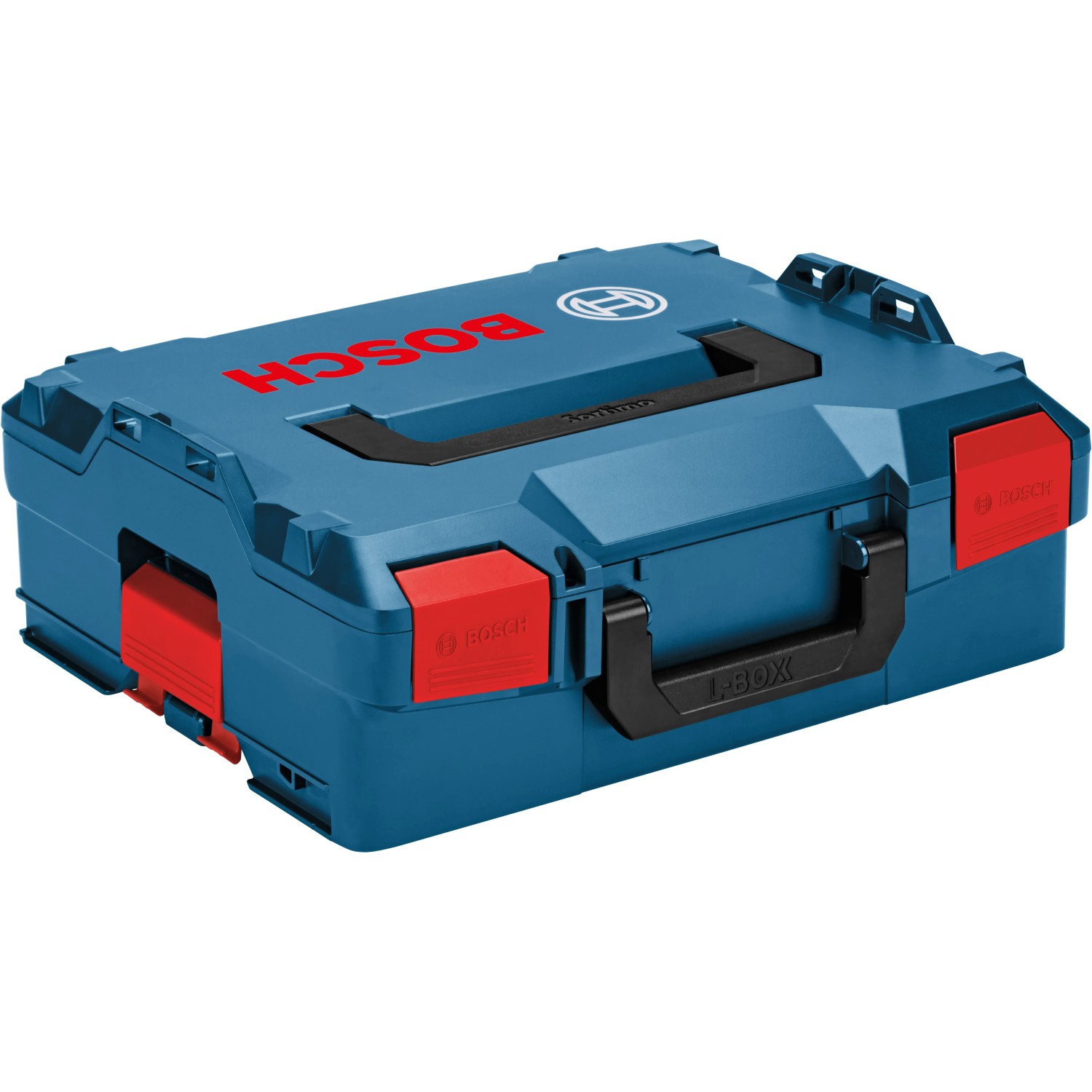 Blaue Bosch Professional L-Boxx 136 Werkzeugkiste des MobilitySystem mit schwarzem Tragegriff und roten Verschlüssen.