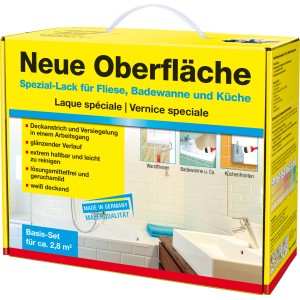 Spezial-Lack Basis-Set für Badewanne, Fliesen und Küche. Gelber Karton mit Anwendungsbeispielen.
