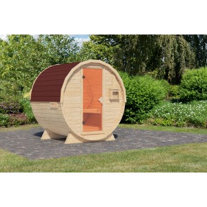 Karibu Fass-Sauna aus Fichte, naturbelassen mit roten Schindeln. Gartensauna für 2 Personen.
