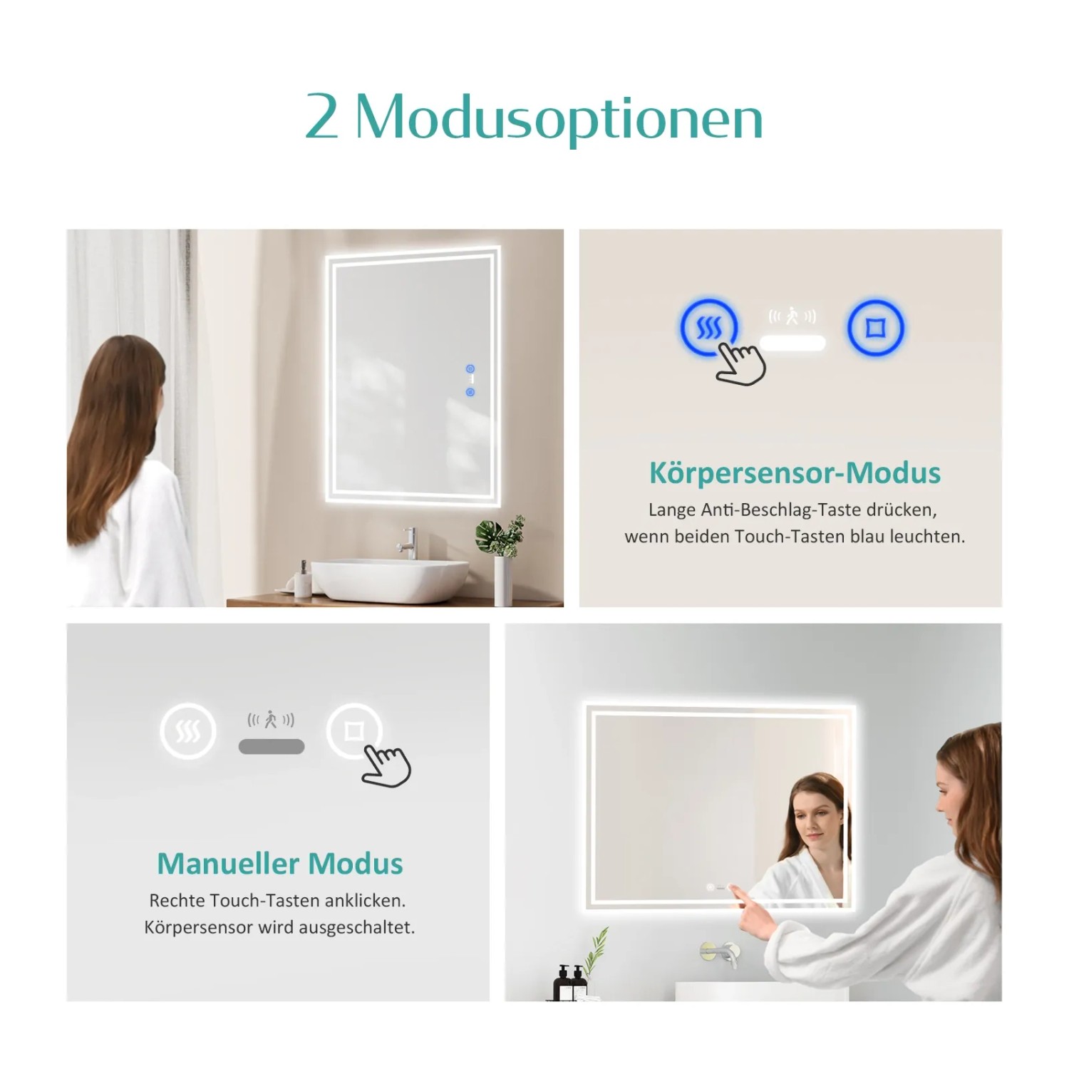 Emke Badspiegel mit LED-Beleuchtung, verschiedenen Modi und Touchschalter im Detail.