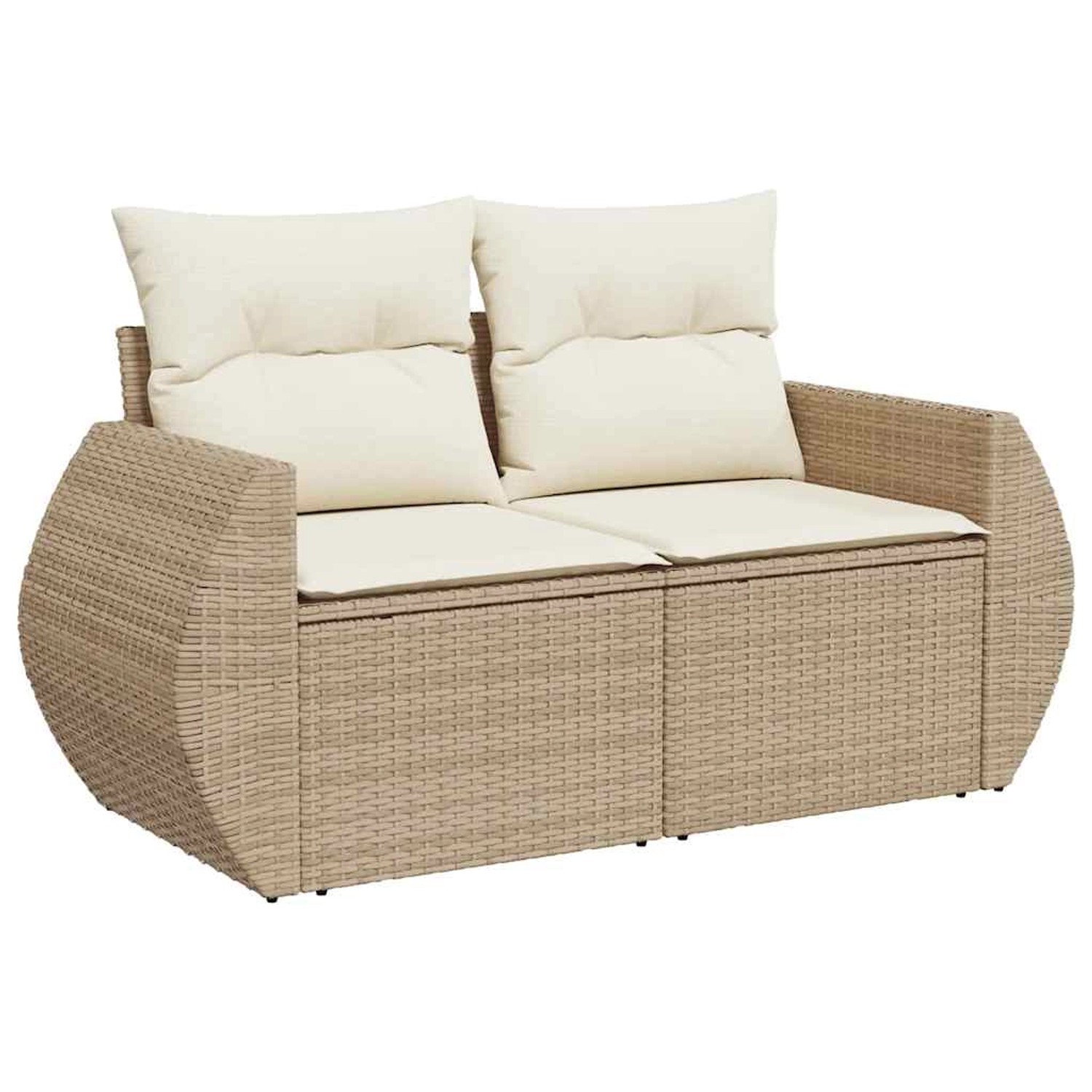 Beige 2-Sitzer Garten-Sofagarnitur aus Polyrattan mit cremeweißen Kissen.