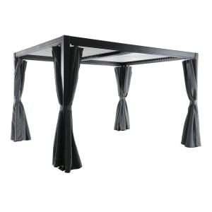 Freistehender, anthrazitfarbener Creador Kiosko Aluminium Pavillon 300x360 cm mit Vorhängen.
