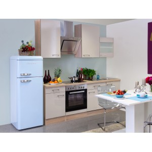 Flex-Well Küchenzeile Orlando in Kaschmir-Glanz/Sonoma Eiche mit E-Geräten wie Herd, Kochfeld und Dunstabzugshaube.