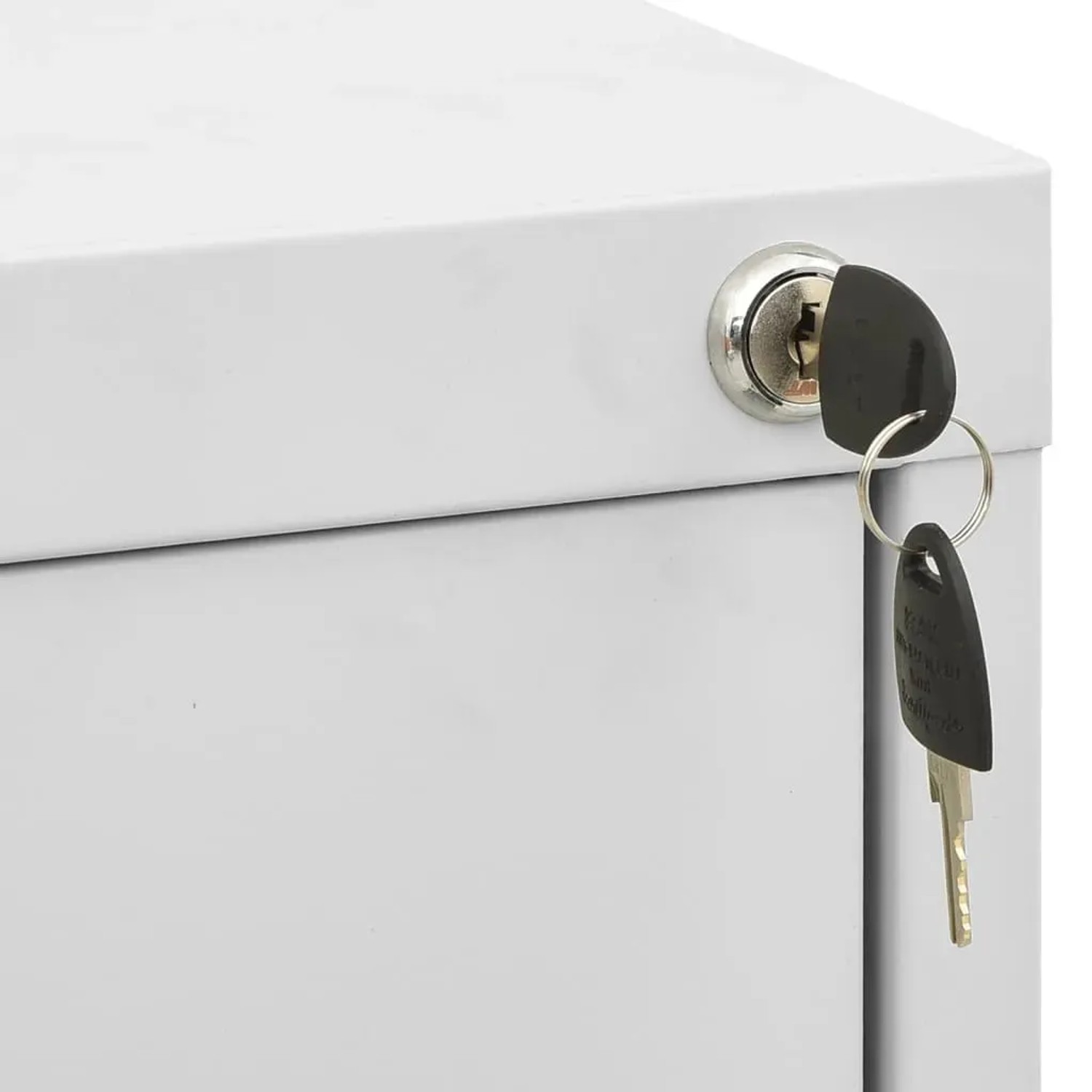 Detailaufnahme: Hellgrauer vidaXL Aktenschrank aus Stahl mit Schloss und Schlüssel.