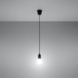 Schwarze Sollux Lighting Hängeleuchte Diego 1 mit E27 Fassung und Leuchtmittel vor hellem Hintergrund.