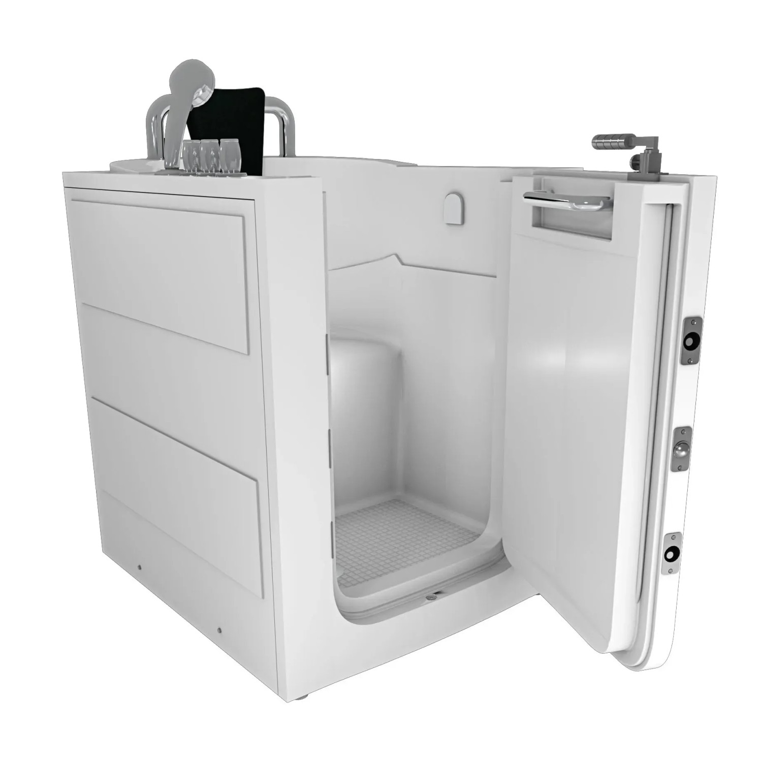 Weiße AquaVapore Senioren Sitzbadewanne mit offener Tür und Armaturen. Rechteck-Badewanne für komfortables Baden.