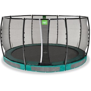 Grünes EXIT Allure Premium Bodentrampolin Ø 427 cm mit Sicherheitsnetz.