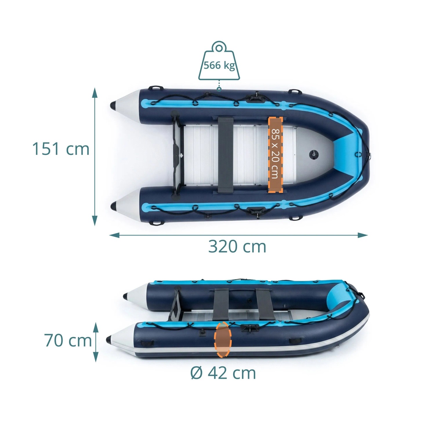 Blau-weißes Relaxdays Schlauchboot aus PVC mit Aluminiumboden, aufblasbar, 320x151x70 cm, 566 kg Tragkraft für Wassersport.