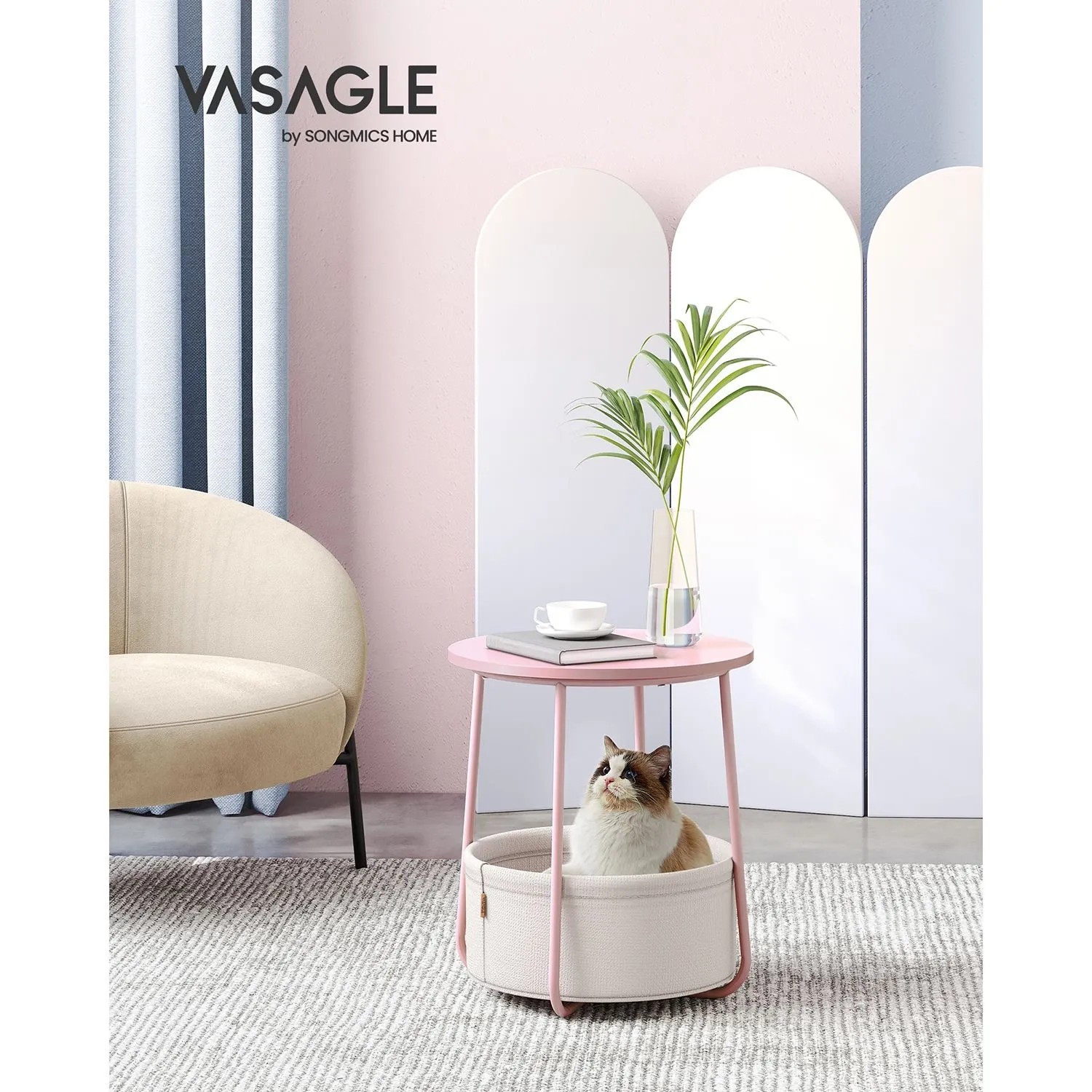 Vasagle Kleiner Beistelltisch rund mit Korb 45 x 51 cm Rosa-Weiß kaufen bei OBI