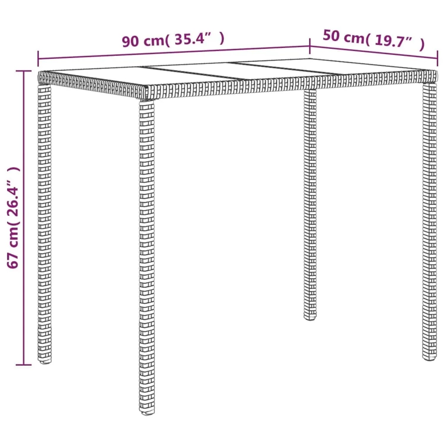 vidaXL Gartenmöbel Tisch, Teil des 4-tlg. Lounge-Sets, aus schwarzem Poly Rattan mit Glasplatte und Maßangaben.
