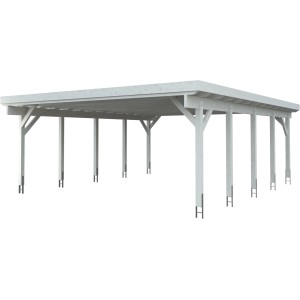Weißes Kiehn-Holz Doppelcarport mit Stahl-Dacheindeckung und stabilen Holzpfosten.