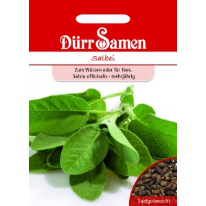 Dürr Samen Salbei Saatgut Packung mit Salbeiblättern und Saatgutansicht.