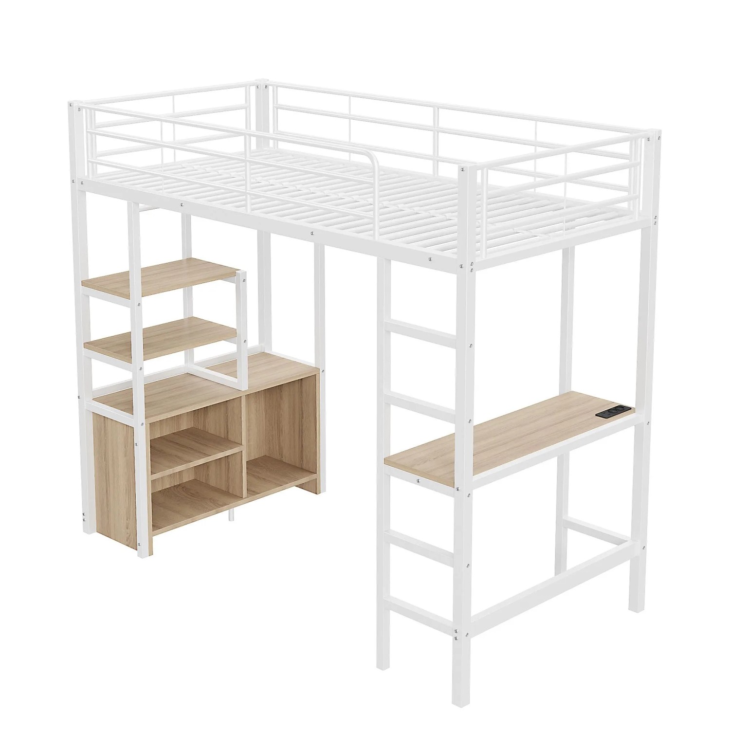 okwish Metall Hochbett 90x200cm mit USB Steckdose und Regalen Weiß ohne Matratze