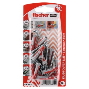 Fischer Dübel DuoPower 6x30 mit Schrauben, 12er-Pack. Universaldübel für sicheren Halt in verschiedenen Baustoffen.
