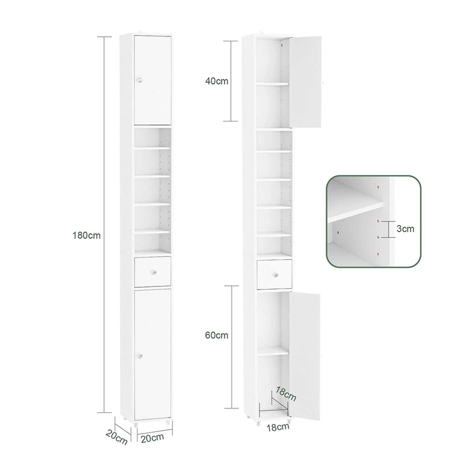 Schmaler, weißer SoBuy Badezimmerschrank Hochschrank mit sechs Einlegeböden und Schublade. Badregal für kleine Bäder.