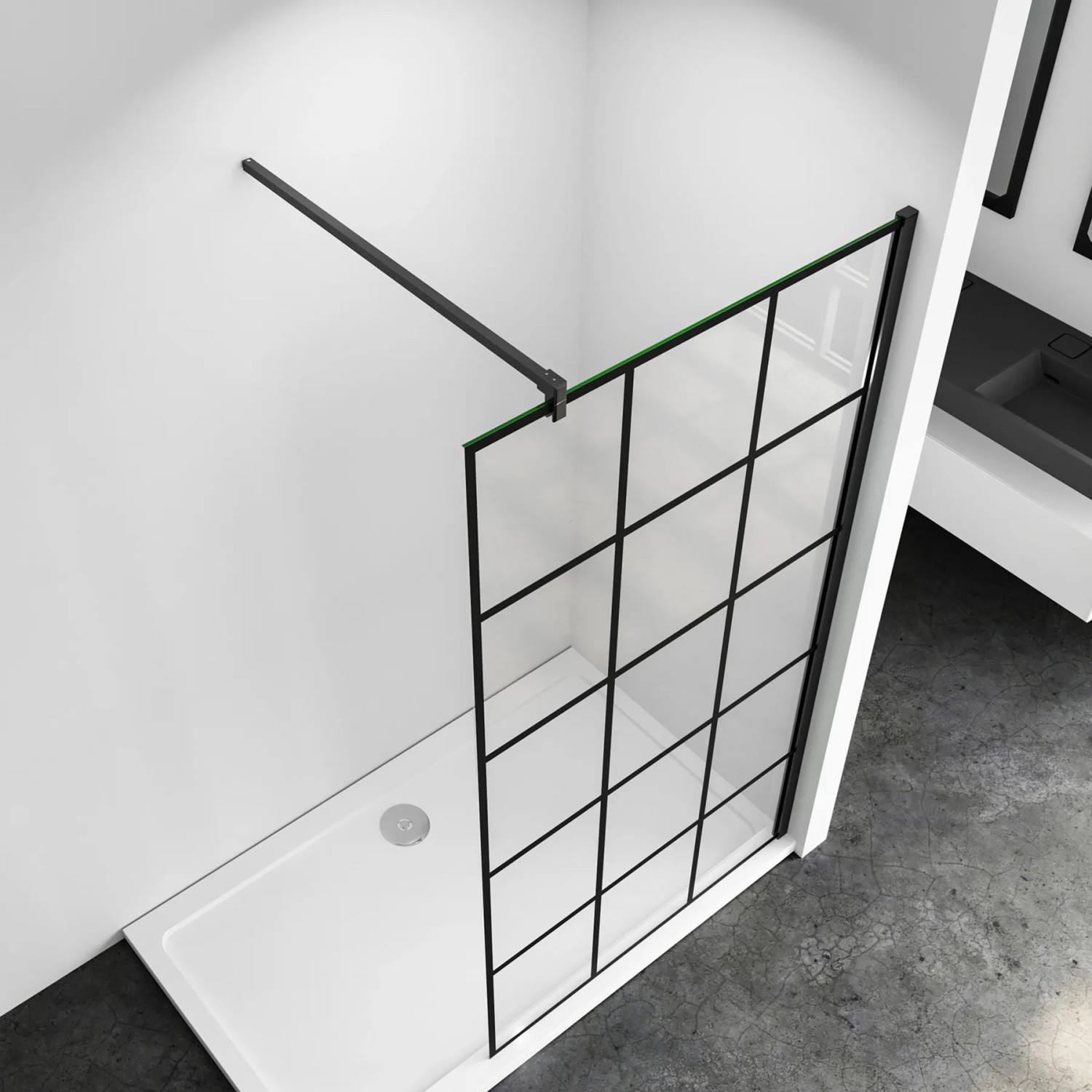 Schwarze AICA Duschabtrennung mit Gittermuster, 100 cm breit, aus Nano ESG Glas.