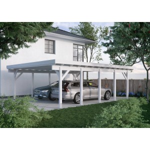 Kiehn-Holz Doppelcarport KH 330 aus Fichte, weiß, mit zwei parkenden Autos.