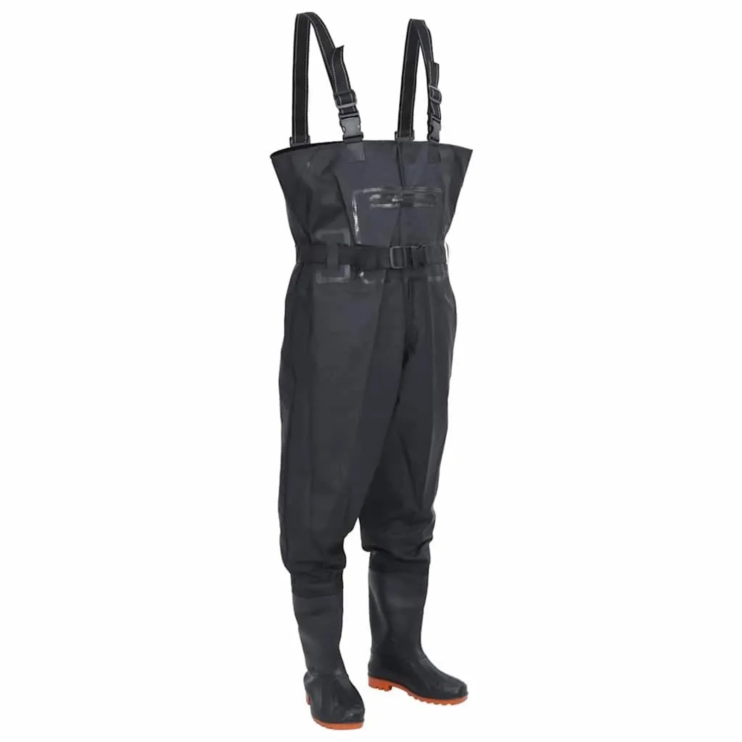 Schwarze vidaXL Wathose Größe 46 mit Stiefeln und Gürtel für Angler und Landwirte.