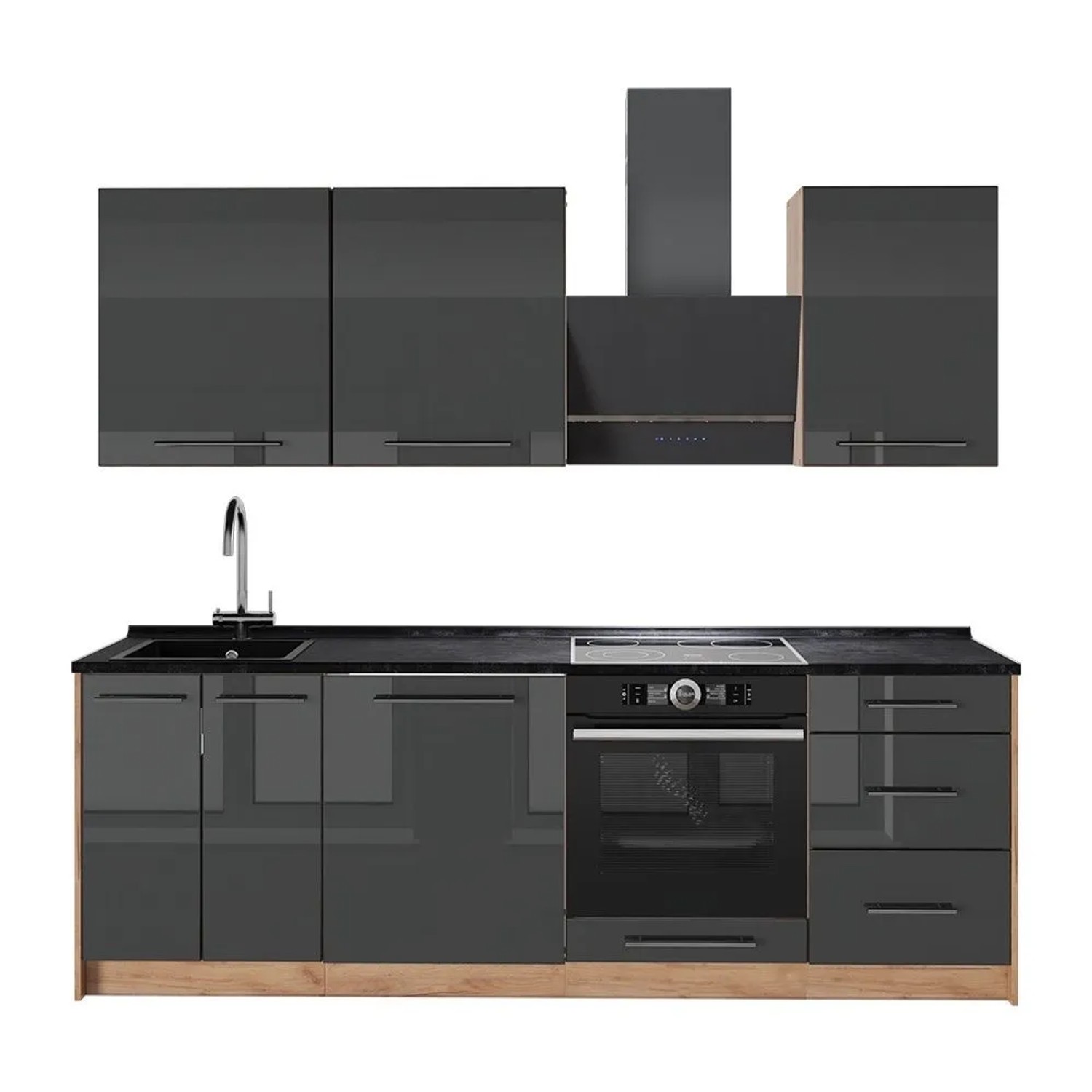 Vicco Küchenzeile Fame-Line Anthrazit Hochglanz/Goldkraft Eiche 230 x 82 ohne Arbeitsplatte Art Nr 63981