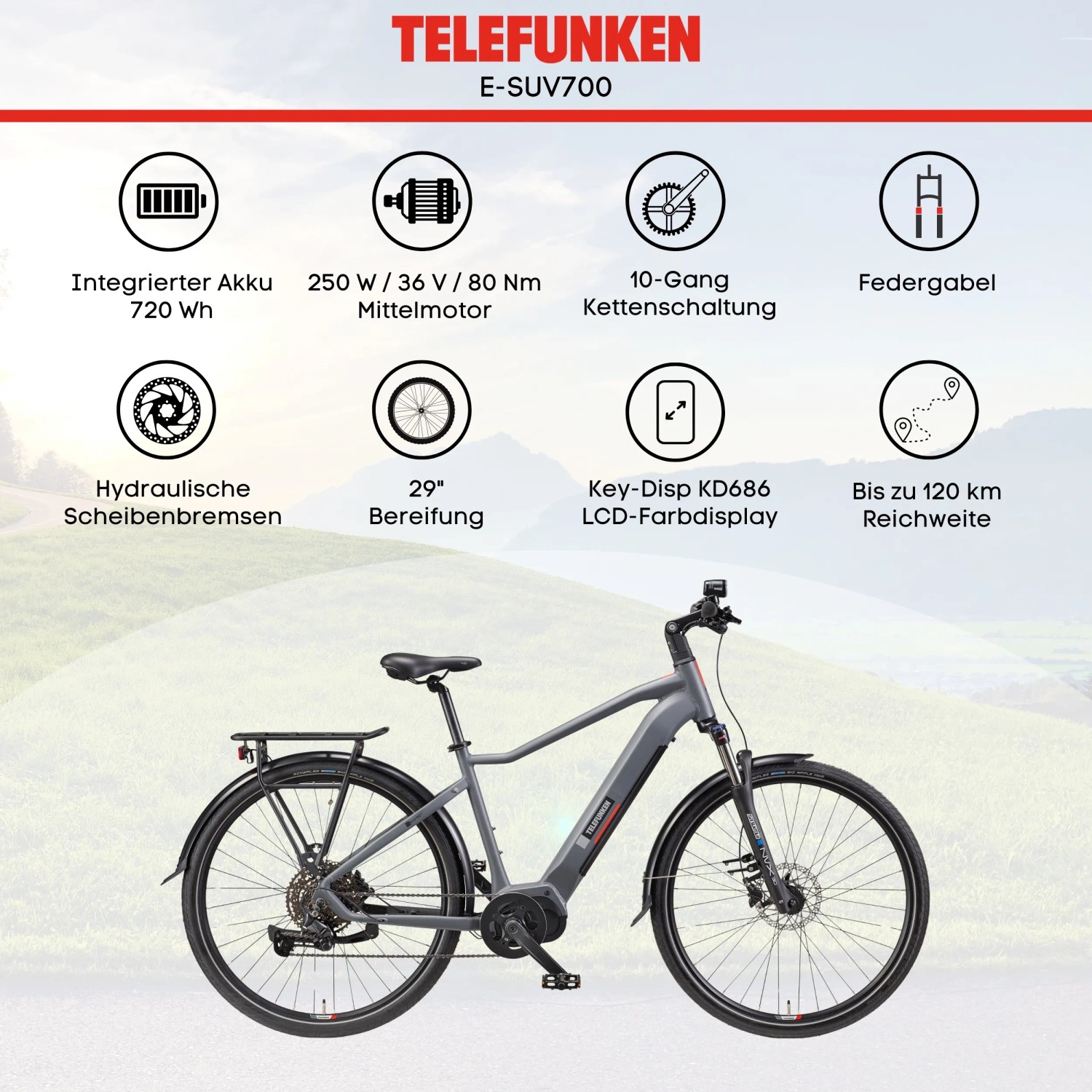 Graues Telefunken SUV E-Bike 29 Zoll mit Mittelmotor und 10-Gang Kettenschaltung.