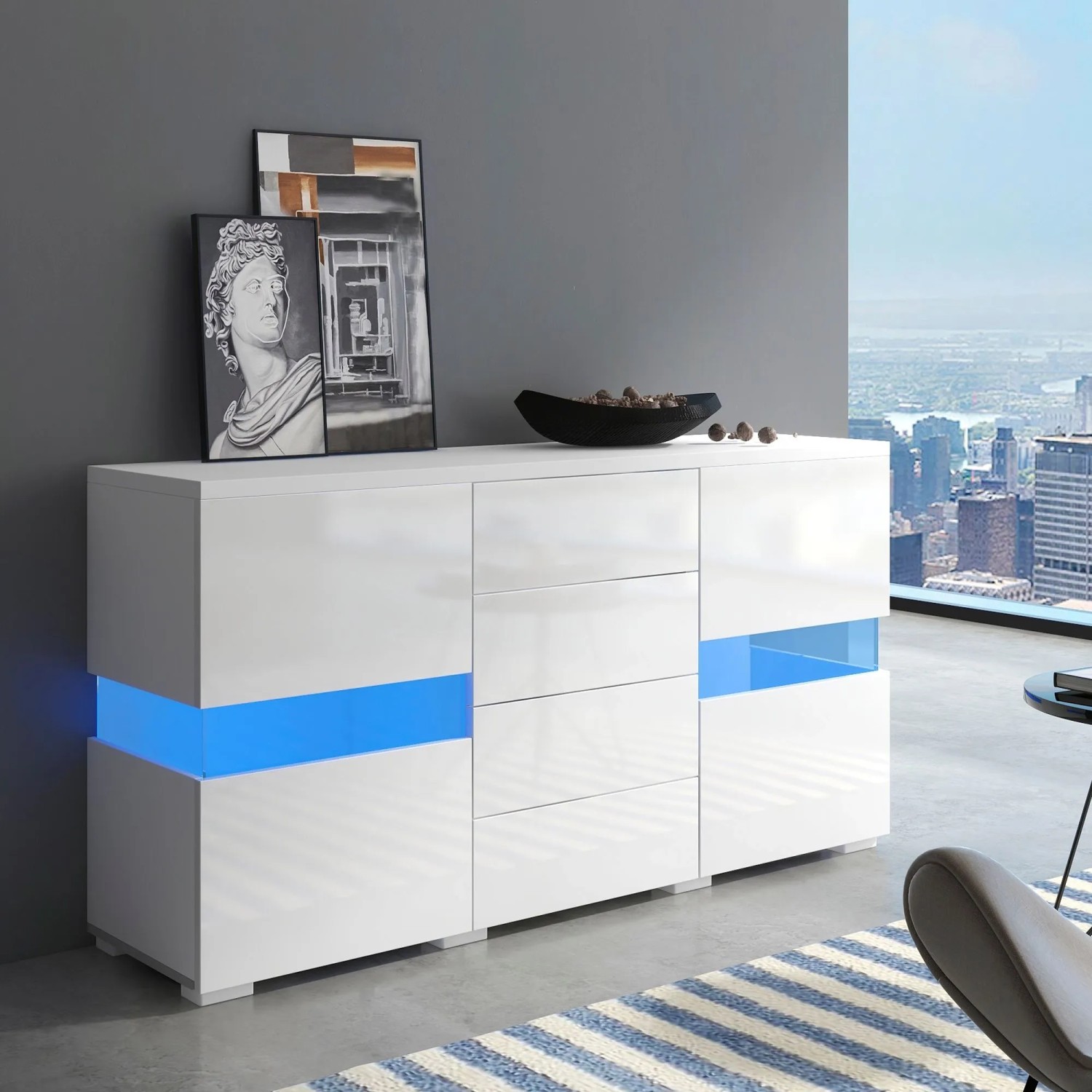Merax Sideboard Hochglanz mit LED Weiß Esszimmer Wohnzimmer