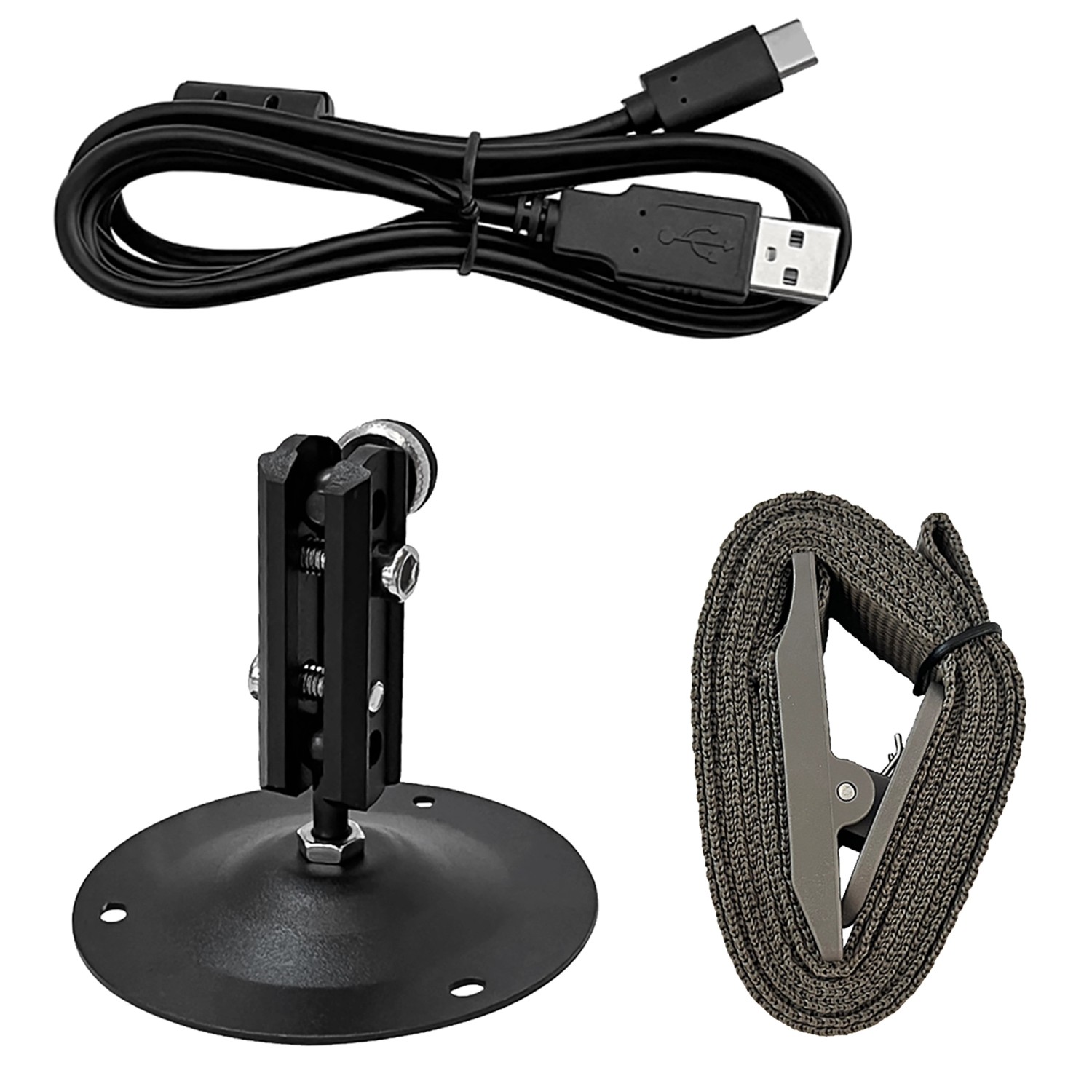 Zubehör für Bresser Wild-Beobachtungskamera: USB-Kabel, Halterung und Montagegurt.