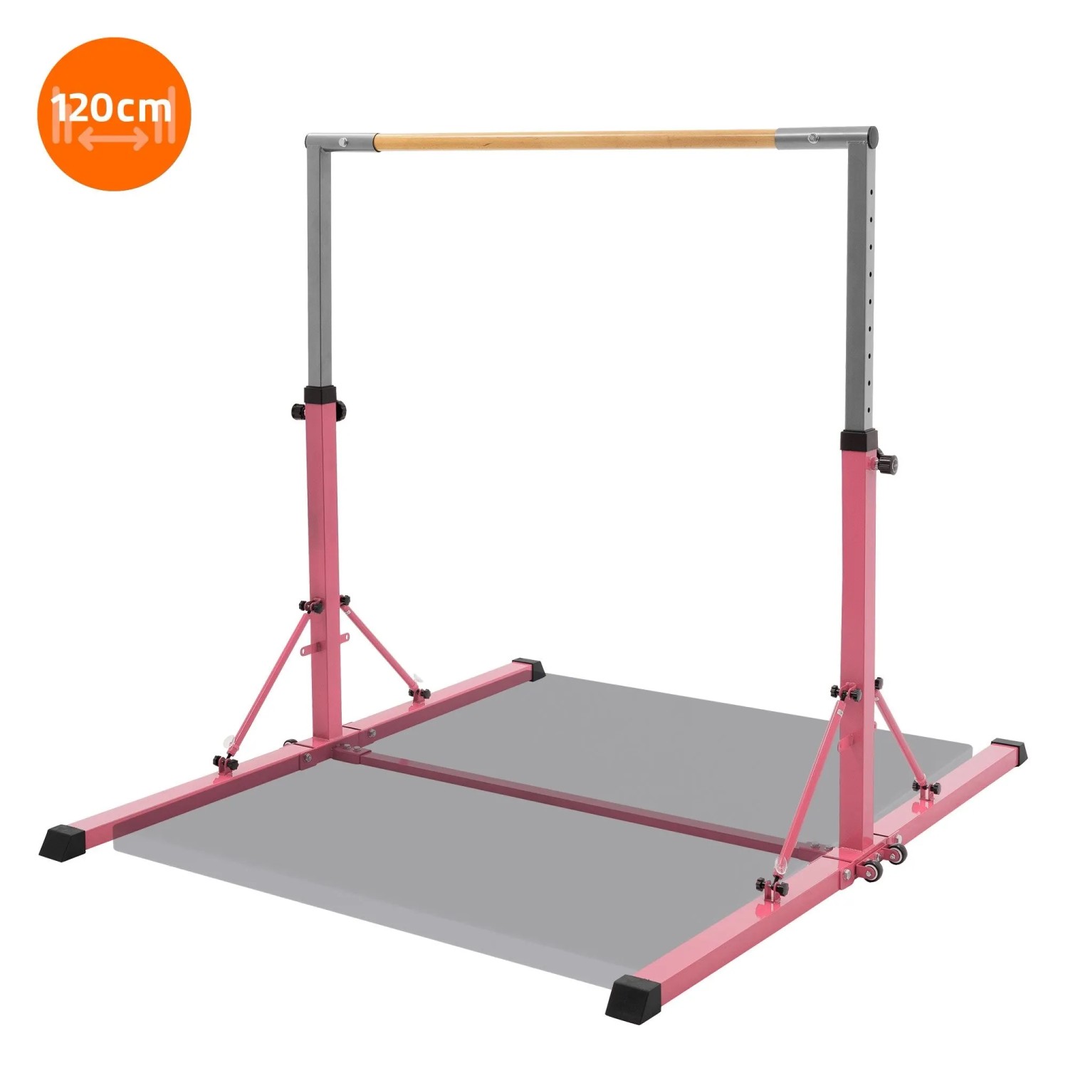 Pinkes, faltbares Gymnastik Turnreck mit Holzstange, höhenverstellbar 95,5-150cm. Stabiles Sportgerät für Kinder.