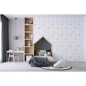 Kinderzimmer mit Vliestapete Wald Tiere in Weiß und Lila. Dekorative Tapete mit Tiermotiven.