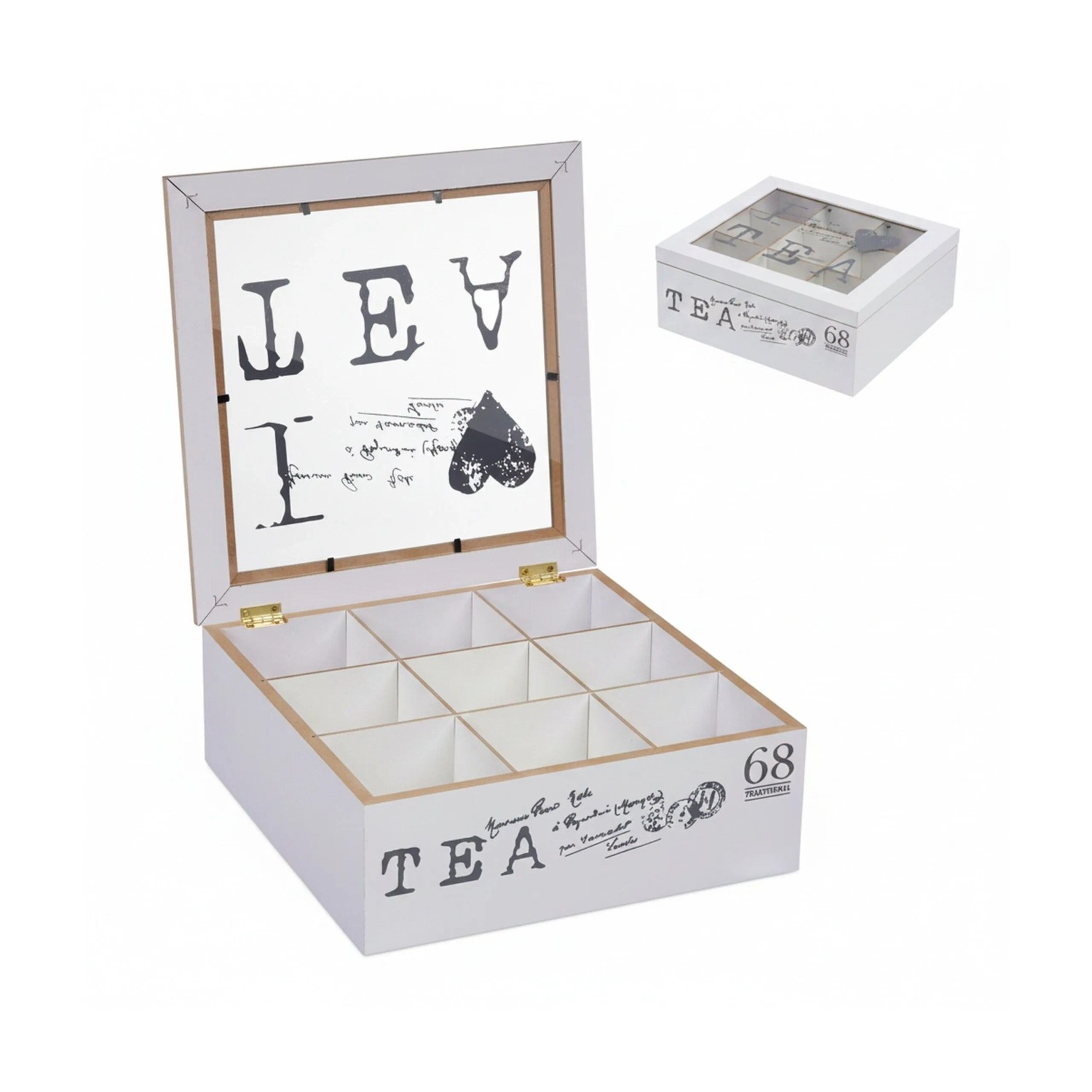 Weiße Relaxdays Teebox aus MDF mit 9 Fächern, offen gezeigt. Acryl-Sichtfenster mit "I Love Tea" Schriftzug.