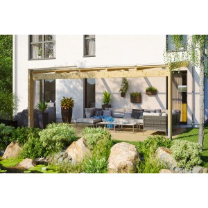 Skan Holz Terrassenüberdachung Novara, 557x359 cm, unbehandelt, mit Polycarbonat-Dach auf Terrasse mit Gartenmöbeln.