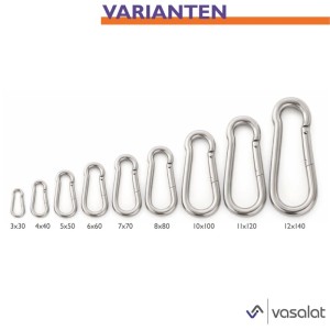 Edelstahl Karabinerhaken in verschiedenen Größen, von 3x30 mm bis 12x140 mm, für vielseitige Befestigungen. Auch 6x60 mm Set.
