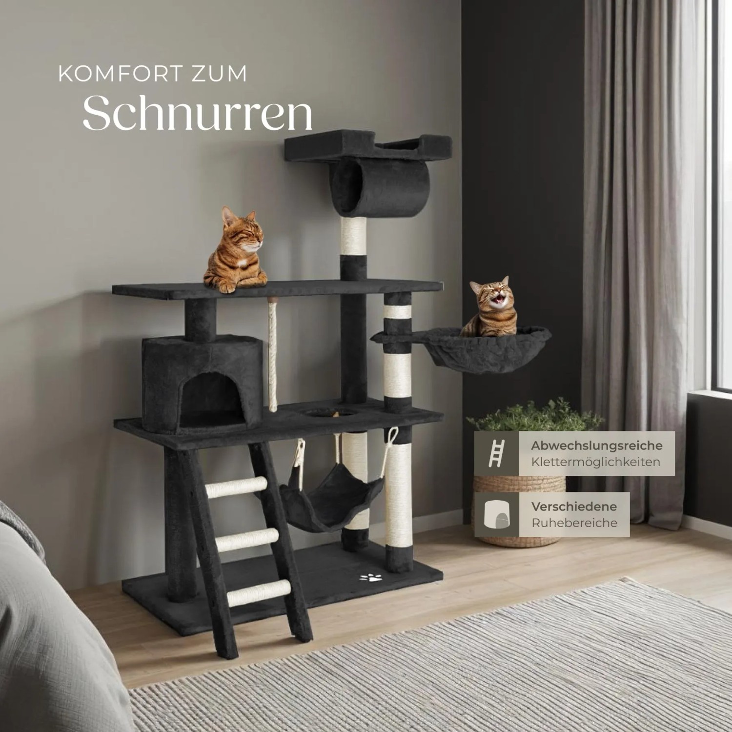 Schwarzer Tectake Kratzbaum Marcel, 141 cm hoch, mit Sisal, Katzen und vielen Spielmöglichkeiten.
