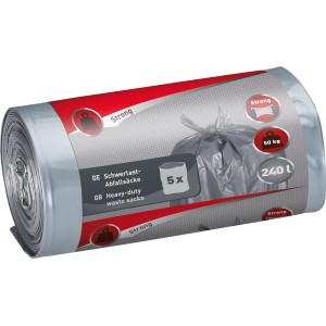 Rolle Schwerlast Abfallsäcke, 240 Liter, 5 Stück, extra reißfest für schwere Abfälle.